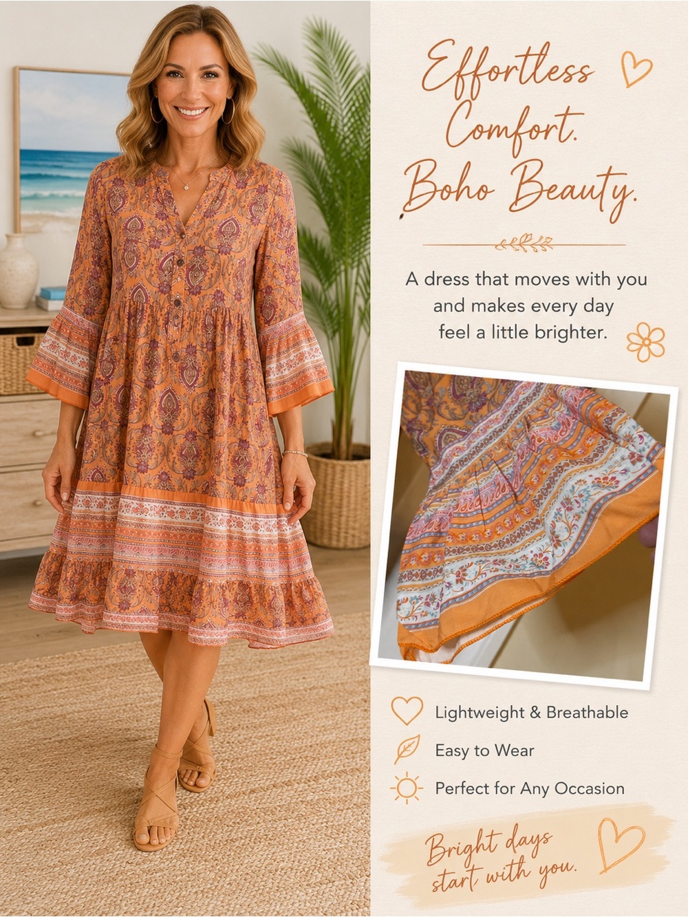 Paisley Tunic Dress Orange Purple Made in Italy - Picture 1 of 5